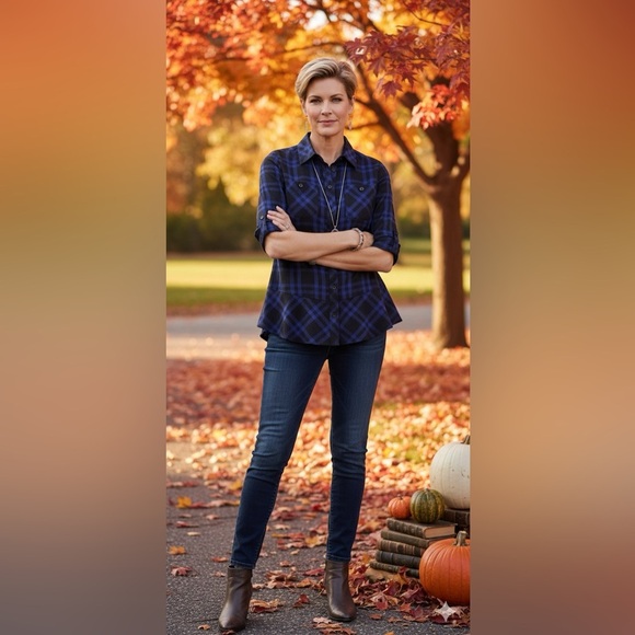 CAbi Tops - CAbi Moody Plaid Peplum Button Down Top Large Blue Black